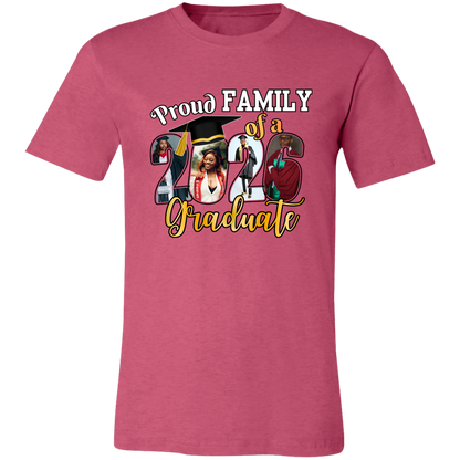 Heather Raspberry t-shirt with a 'Proud Family of a Graduate' graphic design featuring custom graduate photos incorporated into the graduation year on a transparent background