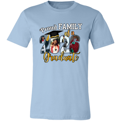 Light Blue t-shirt with a 'Proud Family of a Graduate' graphic design featuring custom graduate photos incorporated into the graduation year on a transparent background