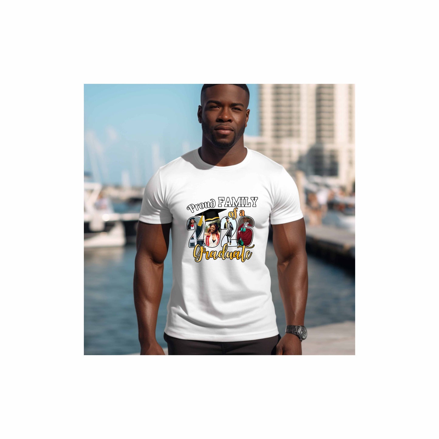 Man wearing a white t-shirt with a 'Proud Family of a Graduate' graphic design featuring custom graduate photos incorporated into the graduation year standing by a waterfront