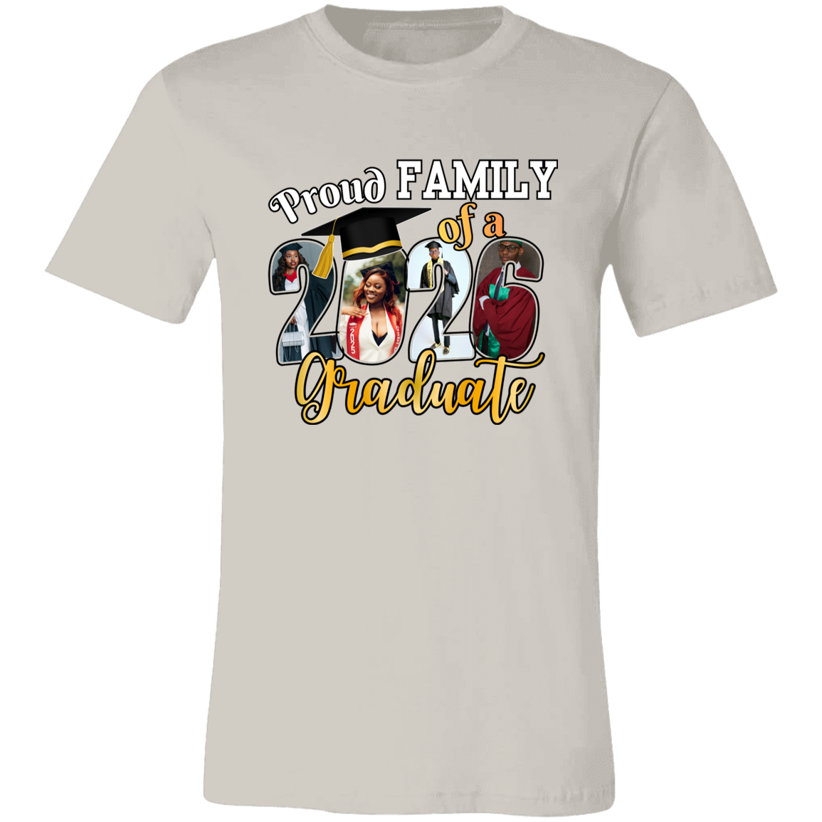 Vintage White t-shirt with a 'Proud Family of a Graduate' graphic design featuring custom graduate photos incorporated into the graduation year on a transparent background
