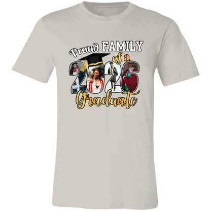 Vintage White t-shirt with a 'Proud Family of a Graduate' graphic design featuring custom graduate photos incorporated into the graduation year on a transparent background