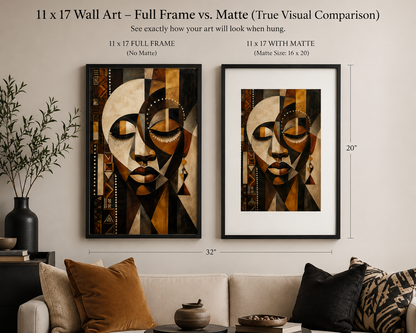 A wall-mounted comparison graphic showing two framed versions of an abstract face artwork: one full frame and one with a white mat. The image includes dimension labels (32 in width, 20 in height) and text explaining the 11 x 17 wall art comparison.