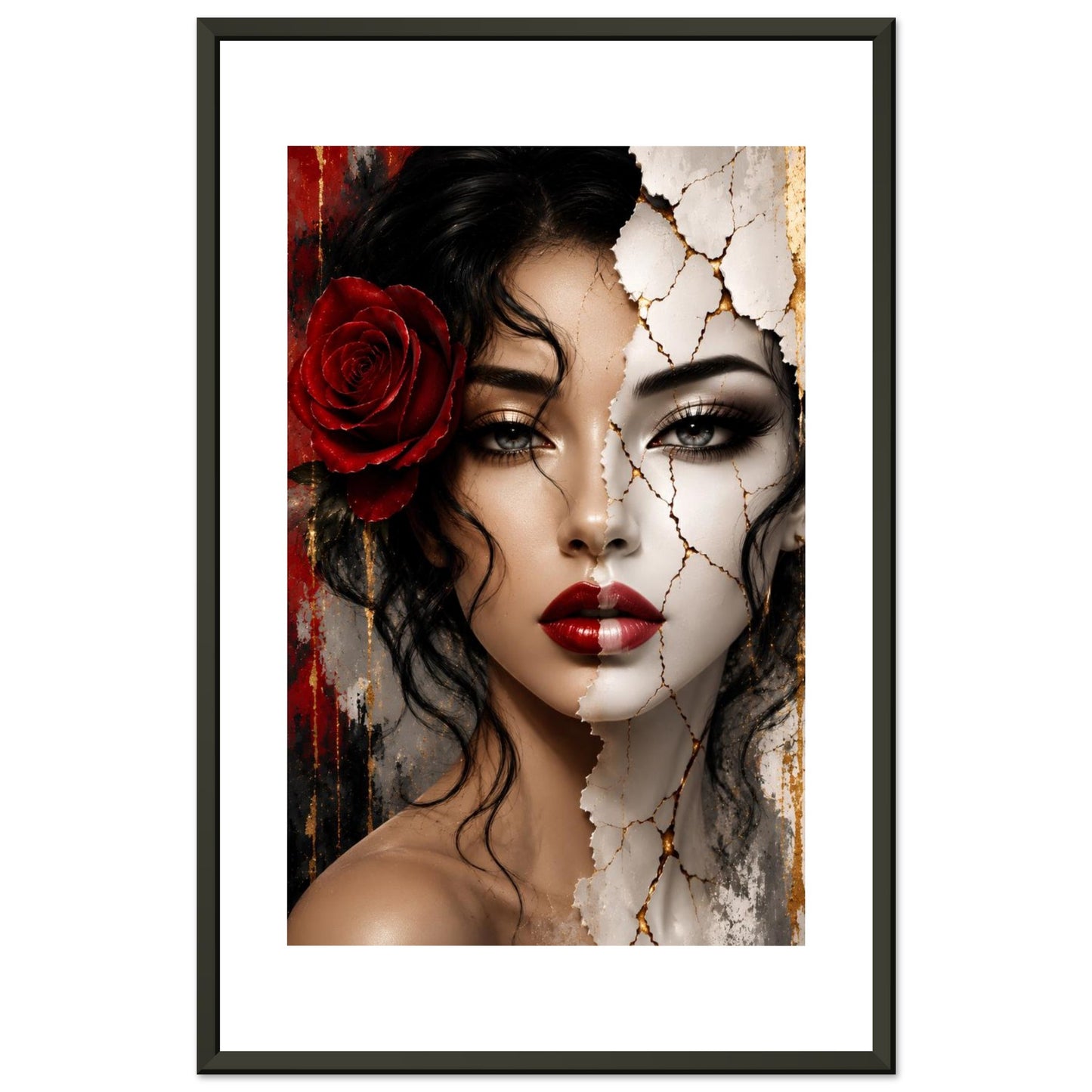 Framed art print featuring a stylized portrait of a woman with a red rose in her hair, split-face makeup effect, cracked white texture on one side, and dark red background elements, shown in a black frame against a white background.