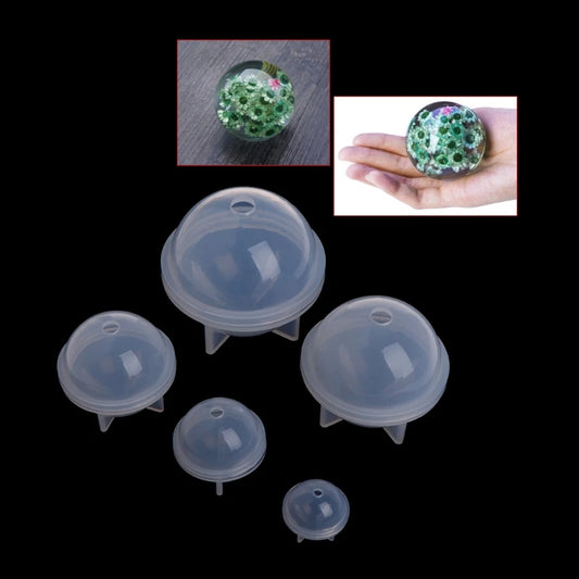 Set of silicone sphere molds with close-up images of a filled mold and a hand holding it.