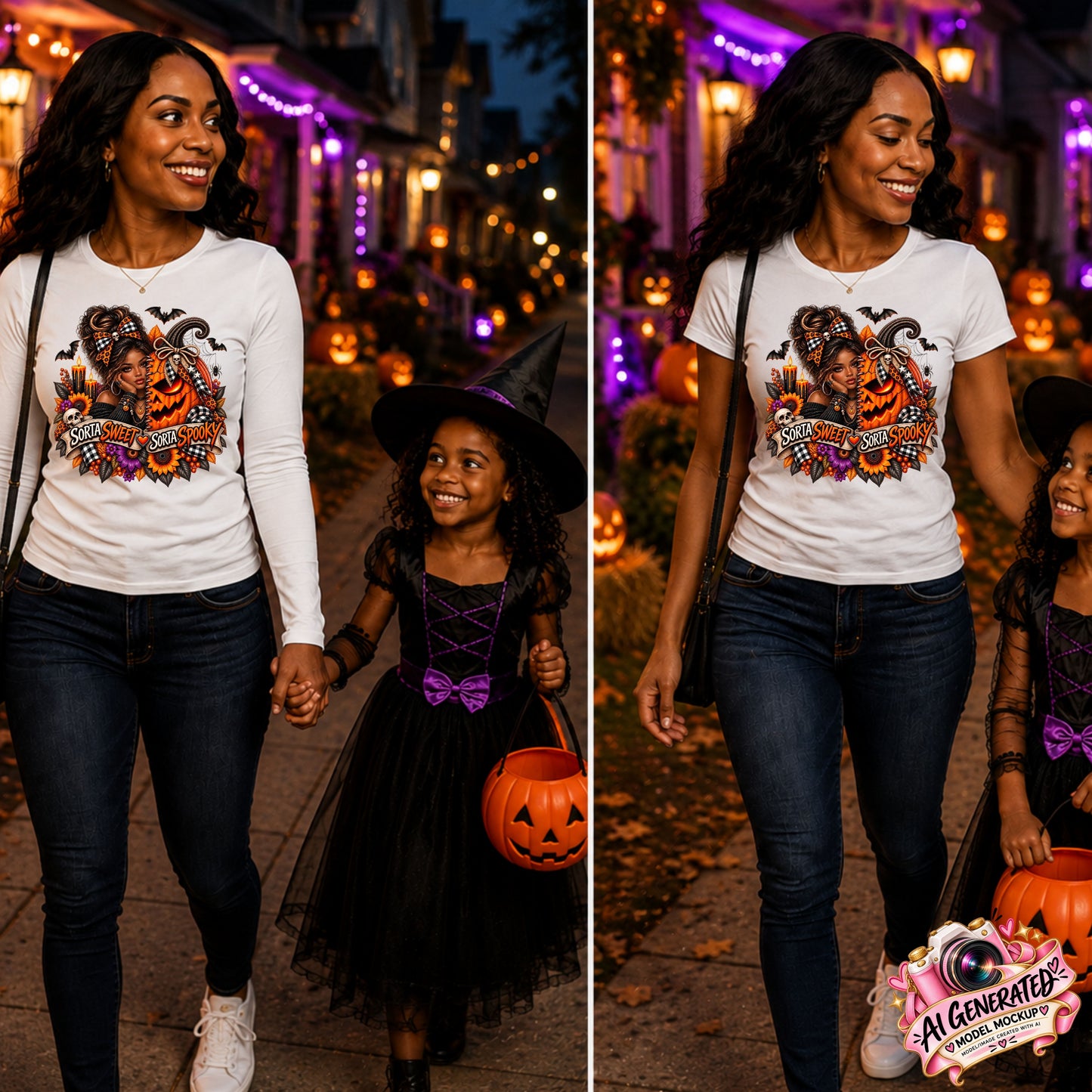 A split-screen lifestyle photo shows a woman and a young girl walking hand in hand down a Halloween-lit street at night. The woman wears a white long-sleeve graphic and T-shirt graphic with a colorful jack-o'-lantern and woman design, paired with dark jeans and white sneakers.