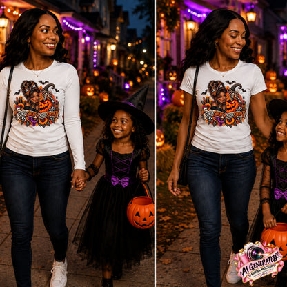 A split-screen lifestyle photo shows a woman and a young girl walking hand in hand down a Halloween-lit street at night. The woman wears a white long-sleeve graphic and T-shirt graphic with a colorful jack-o'-lantern and woman design, paired with dark jeans and white sneakers.