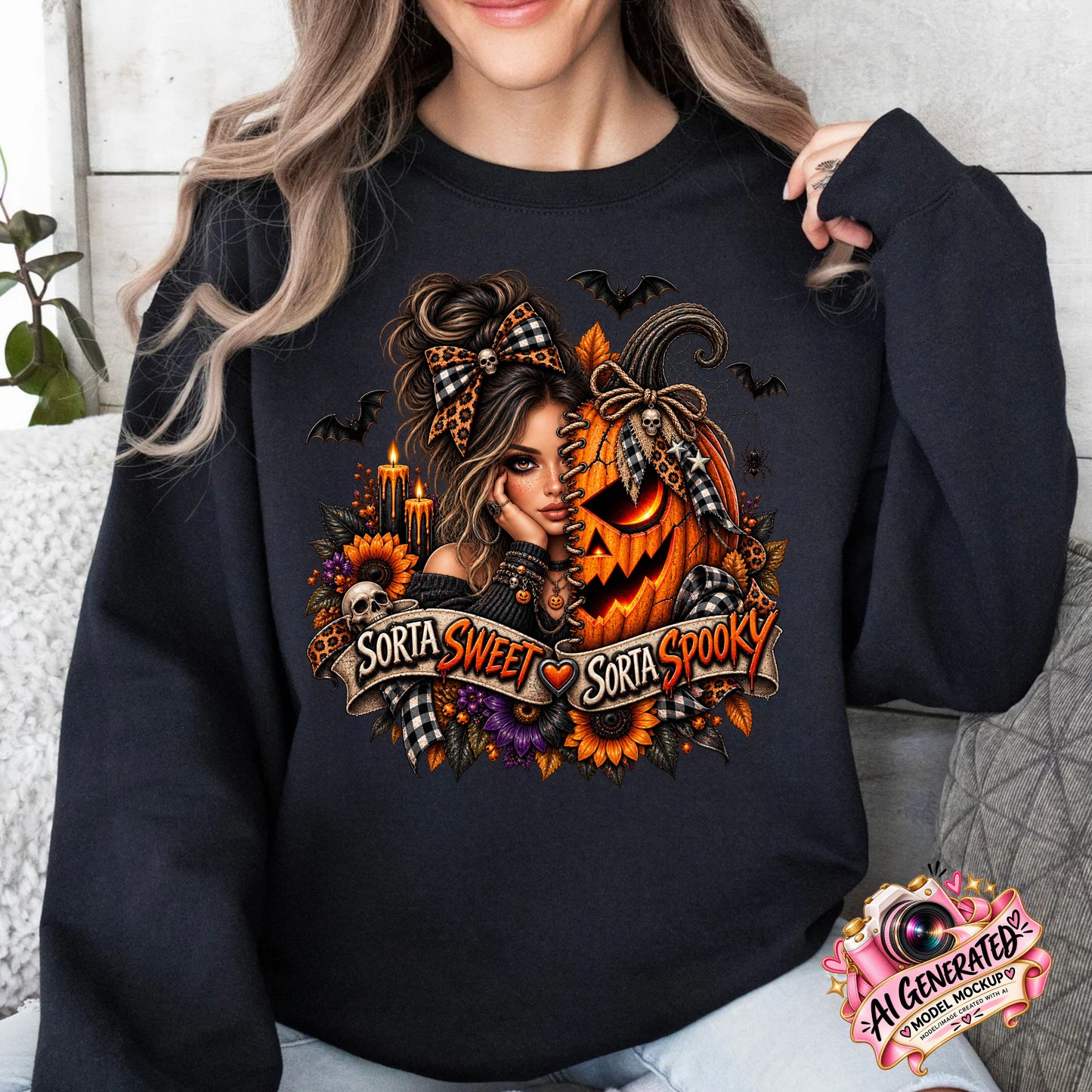 A woman wearing a black crewneck sweatshirt with a detailed Halloween graphic print. The graphic features a split portrait of a woman and a jack-o'-lantern, sunflowers, skulls, bats, and a banner reading 'SORTA SWEET SORTA SPOOKY'.