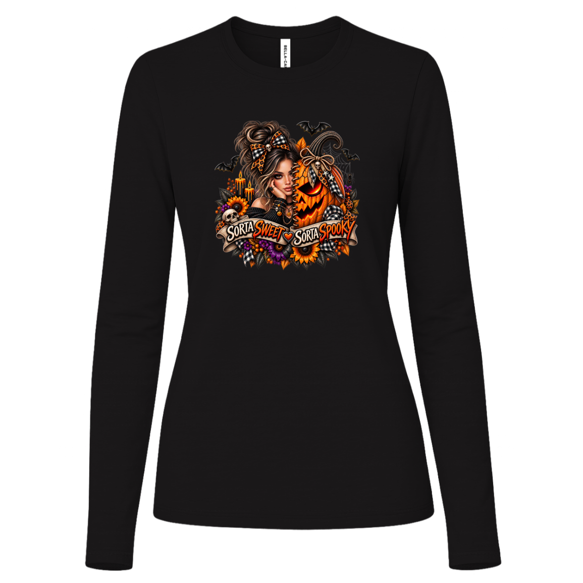 A Black Long Sleeve Shirt featuring a woman in a glamorous Halloween scene surrounded by a decorated jack-o'-lantern, sunflowers, autumn flowers, candles, bats, skulls, and spiderwebs, with a decorative banner reading “Sorta Sweet Sorta Spooky” on a transparent background
