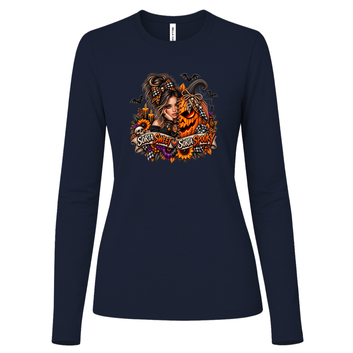 A Navy Long Sleeve Shirt featuring a woman in a glamorous Halloween scene surrounded by a decorated jack-o'-lantern, sunflowers, autumn flowers, candles, bats, skulls, and spiderwebs, with a decorative banner reading “Sorta Sweet Sorta Spooky” on a transparent background