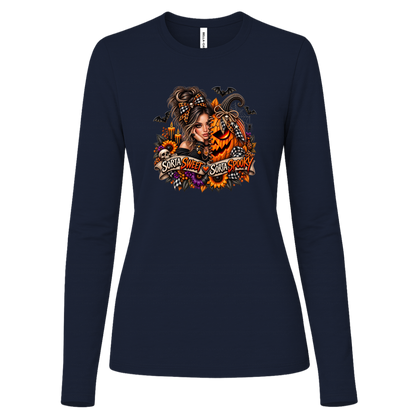 A Navy Long Sleeve Shirt featuring a woman in a glamorous Halloween scene surrounded by a decorated jack-o'-lantern, sunflowers, autumn flowers, candles, bats, skulls, and spiderwebs, with a decorative banner reading “Sorta Sweet Sorta Spooky” on a transparent background