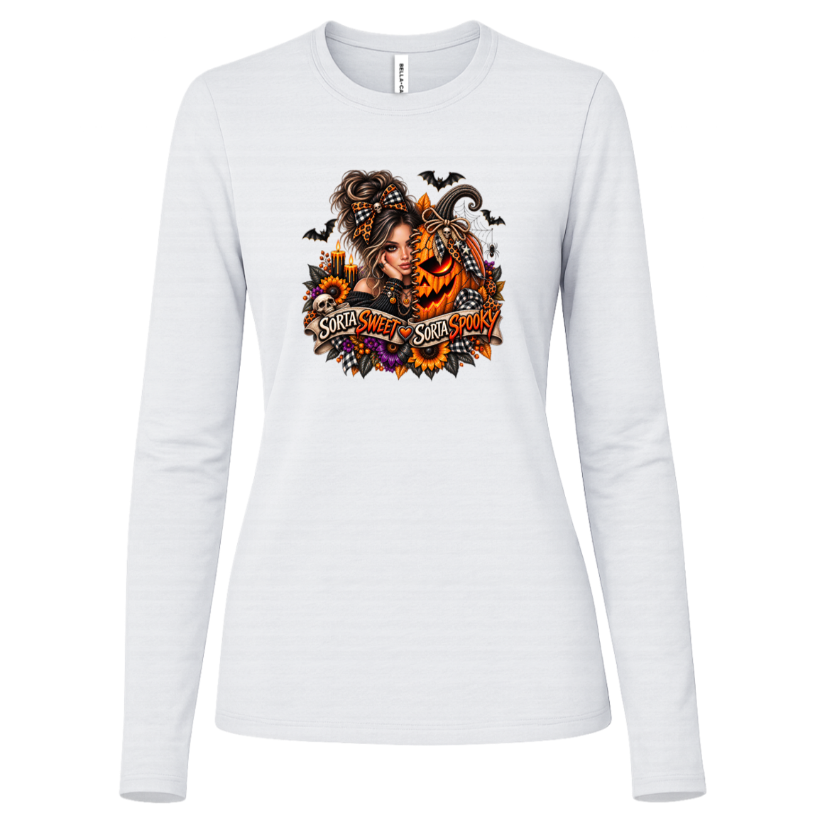 A White Long Sleeve Shirt featuring a woman in a glamorous Halloween scene surrounded by a decorated jack-o'-lantern, sunflowers, autumn flowers, candles, bats, skulls, and spiderwebs, with a decorative banner reading “Sorta Sweet Sorta Spooky” on a transparent background