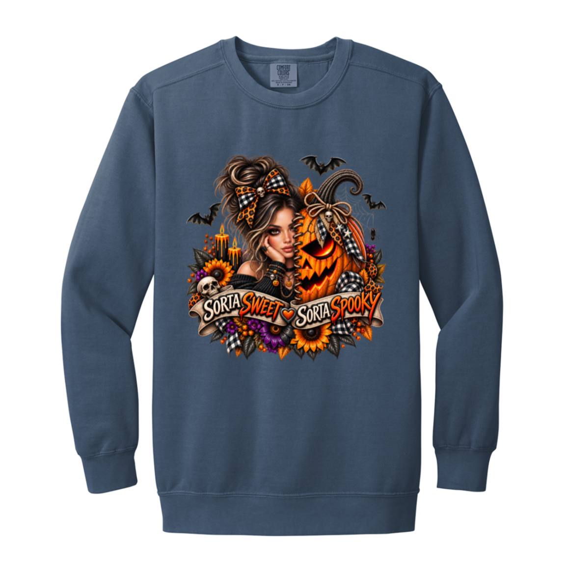 A Blue Jean Sweatshirt featuring a woman in a glamorous Halloween scene surrounded by a decorated jack-o'-lantern, sunflowers, autumn flowers, candles, bats, skulls, and spiderwebs, with a decorative banner reading “Sorta Sweet Sorta Spooky” on a transparent background