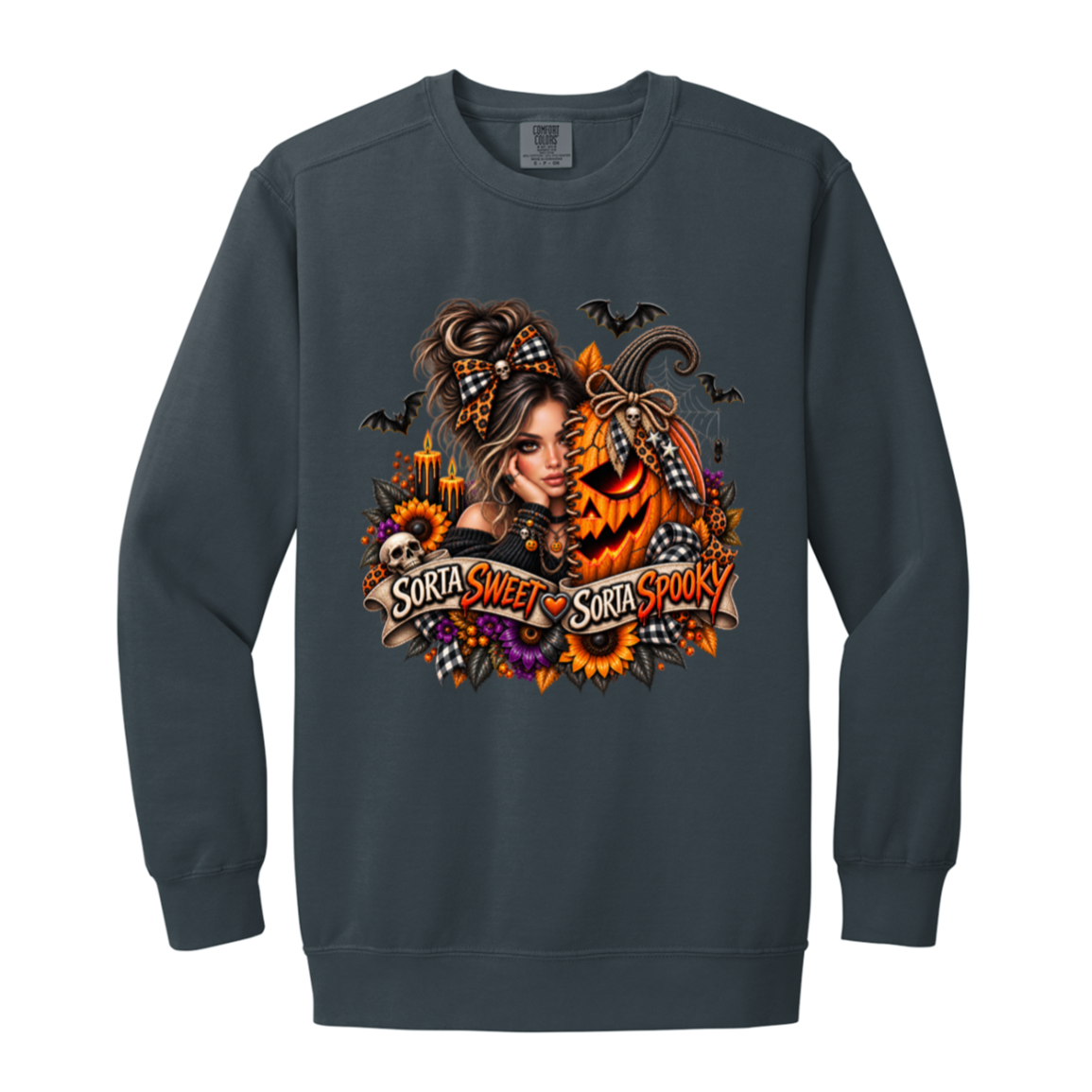 A Denim Sweatshirt featuring a woman in a glamorous Halloween scene surrounded by a decorated jack-o'-lantern, sunflowers, autumn flowers, candles, bats, skulls, and spiderwebs, with a decorative banner reading “Sorta Sweet Sorta Spooky” on a transparent background