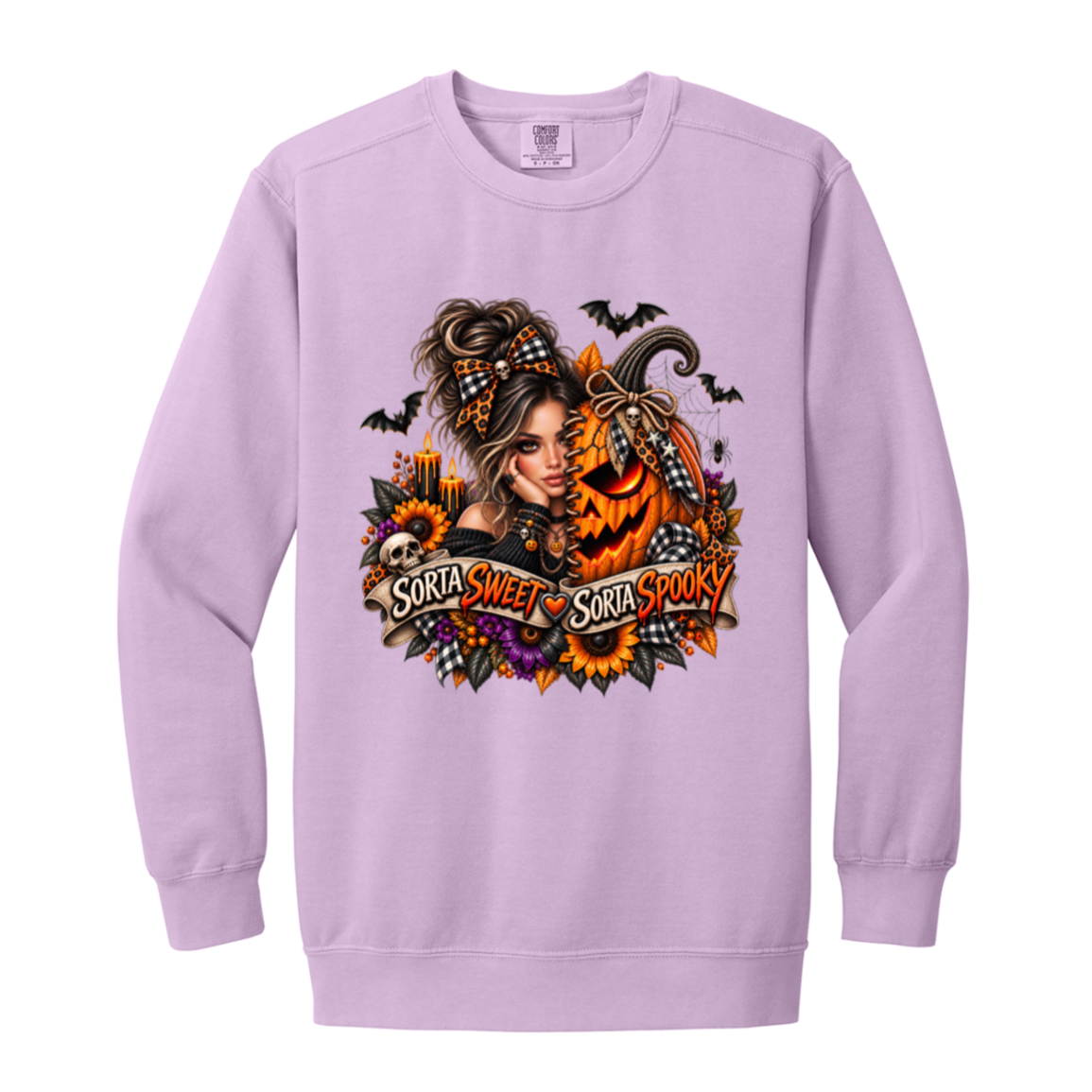 A Orchid Sweatshirt featuring a woman in a glamorous Halloween scene surrounded by a decorated jack-o'-lantern, sunflowers, autumn flowers, candles, bats, skulls, and spiderwebs, with a decorative banner reading “Sorta Sweet Sorta Spooky” on a transparent background