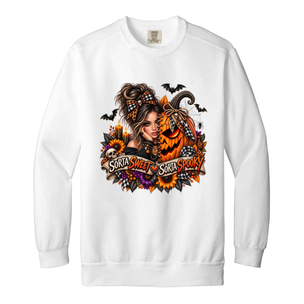 A White Sweatshirt featuring a woman in a glamorous Halloween scene surrounded by a decorated jack-o'-lantern, sunflowers, autumn flowers, candles, bats, skulls, and spiderwebs, with a decorative banner reading “Sorta Sweet Sorta Spooky” on a transparent background