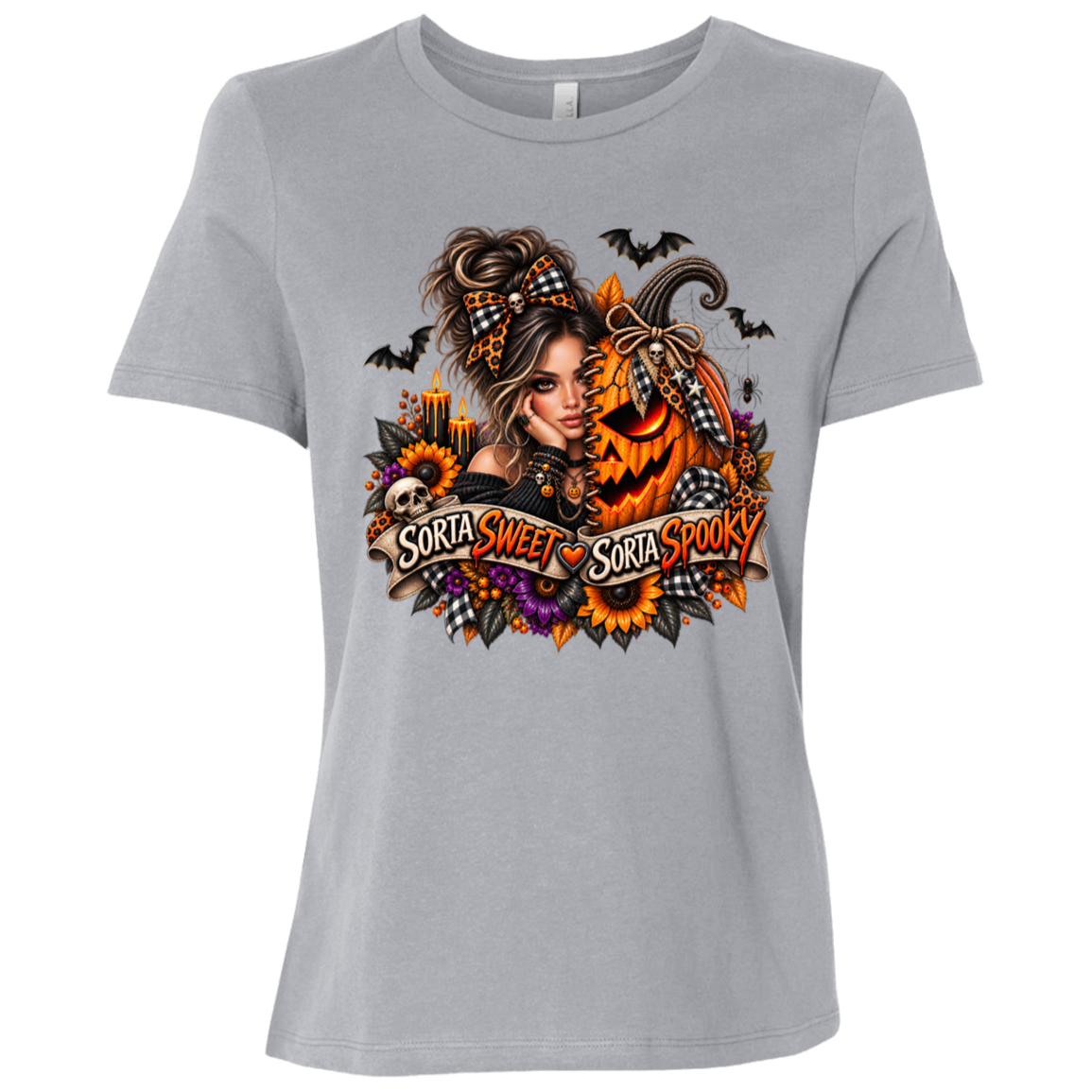 A Athletic Grey T-Shirt featuring a woman in a glamorous Halloween scene surrounded by a decorated jack-o'-lantern, sunflowers, autumn flowers, candles, bats, skulls, and spiderwebs, with a decorative banner reading “Sorta Sweet Sorta Spooky” on a transparent background
