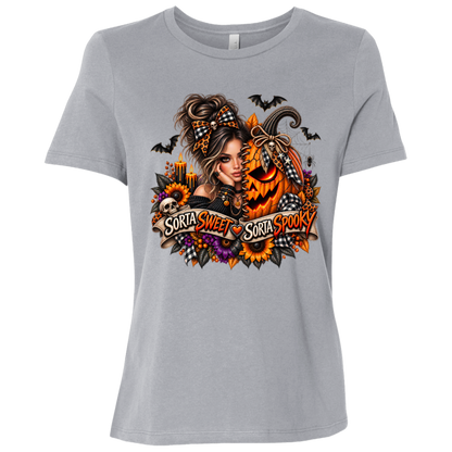 A Athletic Grey T-Shirt featuring a woman in a glamorous Halloween scene surrounded by a decorated jack-o'-lantern, sunflowers, autumn flowers, candles, bats, skulls, and spiderwebs, with a decorative banner reading “Sorta Sweet Sorta Spooky” on a transparent background