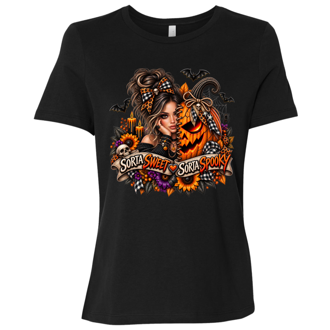A Black T-Shirt featuring a woman in a glamorous Halloween scene surrounded by a decorated jack-o'-lantern, sunflowers, autumn flowers, candles, bats, skulls, and spiderwebs, with a decorative banner reading “Sorta Sweet Sorta Spooky” on a transparent background