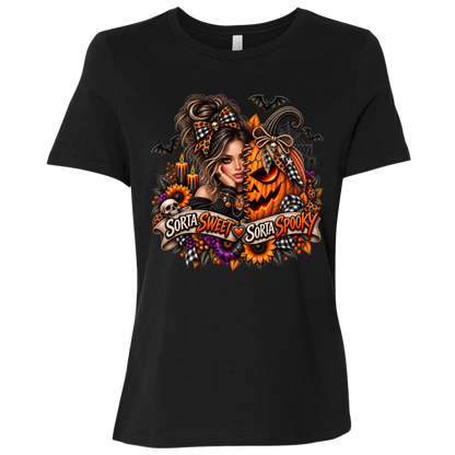 A Black T-Shirt featuring a woman in a glamorous Halloween scene surrounded by a decorated jack-o'-lantern, sunflowers, autumn flowers, candles, bats, skulls, and spiderwebs, with a decorative banner reading “Sorta Sweet Sorta Spooky” on a transparent background
