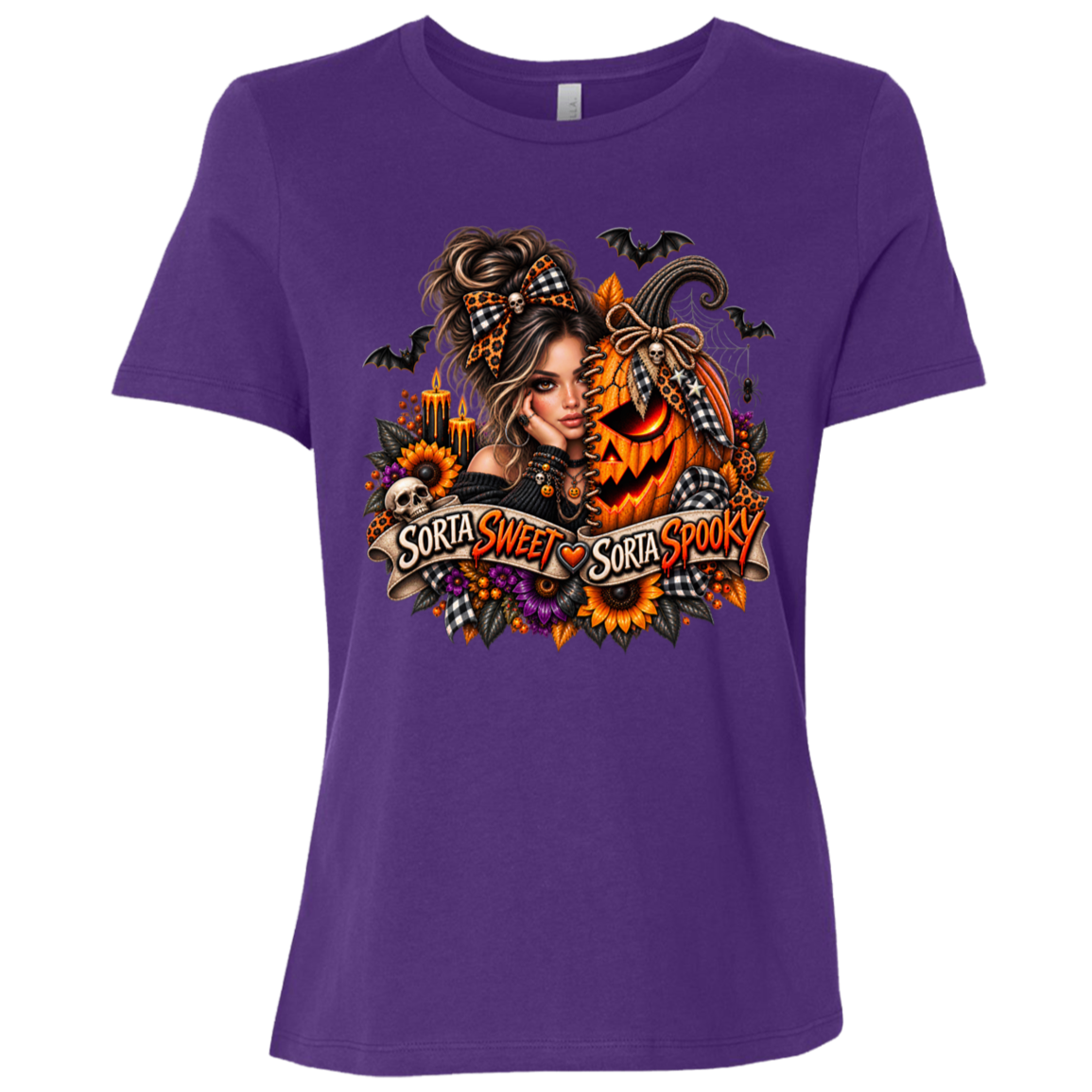 A Purple T-Shirt featuring a woman in a glamorous Halloween scene surrounded by a decorated jack-o'-lantern, sunflowers, autumn flowers, candles, bats, skulls, and spiderwebs, with a decorative banner reading “Sorta Sweet Sorta Spooky” on a transparent background