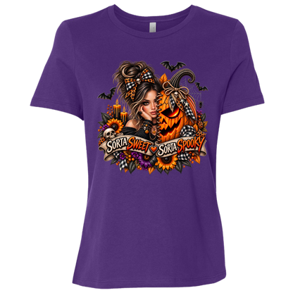 A Purple T-Shirt featuring a woman in a glamorous Halloween scene surrounded by a decorated jack-o'-lantern, sunflowers, autumn flowers, candles, bats, skulls, and spiderwebs, with a decorative banner reading “Sorta Sweet Sorta Spooky” on a transparent background