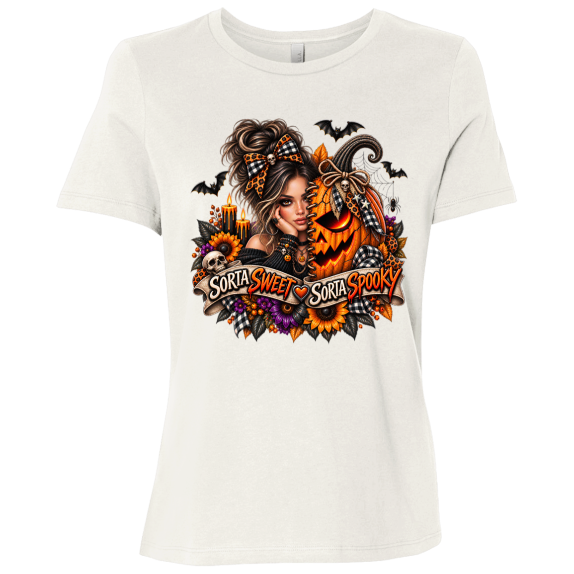 A Vintage White T-Shirt featuring a woman in a glamorous Halloween scene surrounded by a decorated jack-o'-lantern, sunflowers, autumn flowers, candles, bats, skulls, and spiderwebs, with a decorative banner reading “Sorta Sweet Sorta Spooky” on a transparent background