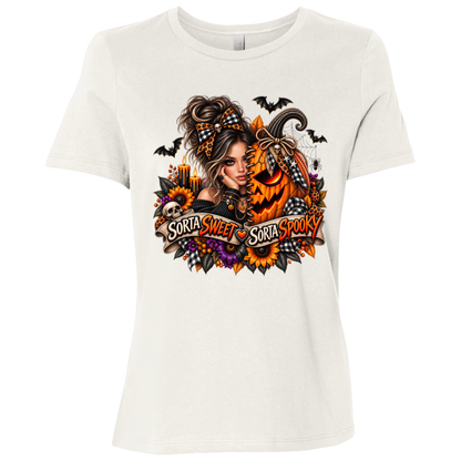 A Vintage White T-Shirt featuring a woman in a glamorous Halloween scene surrounded by a decorated jack-o'-lantern, sunflowers, autumn flowers, candles, bats, skulls, and spiderwebs, with a decorative banner reading “Sorta Sweet Sorta Spooky” on a transparent background