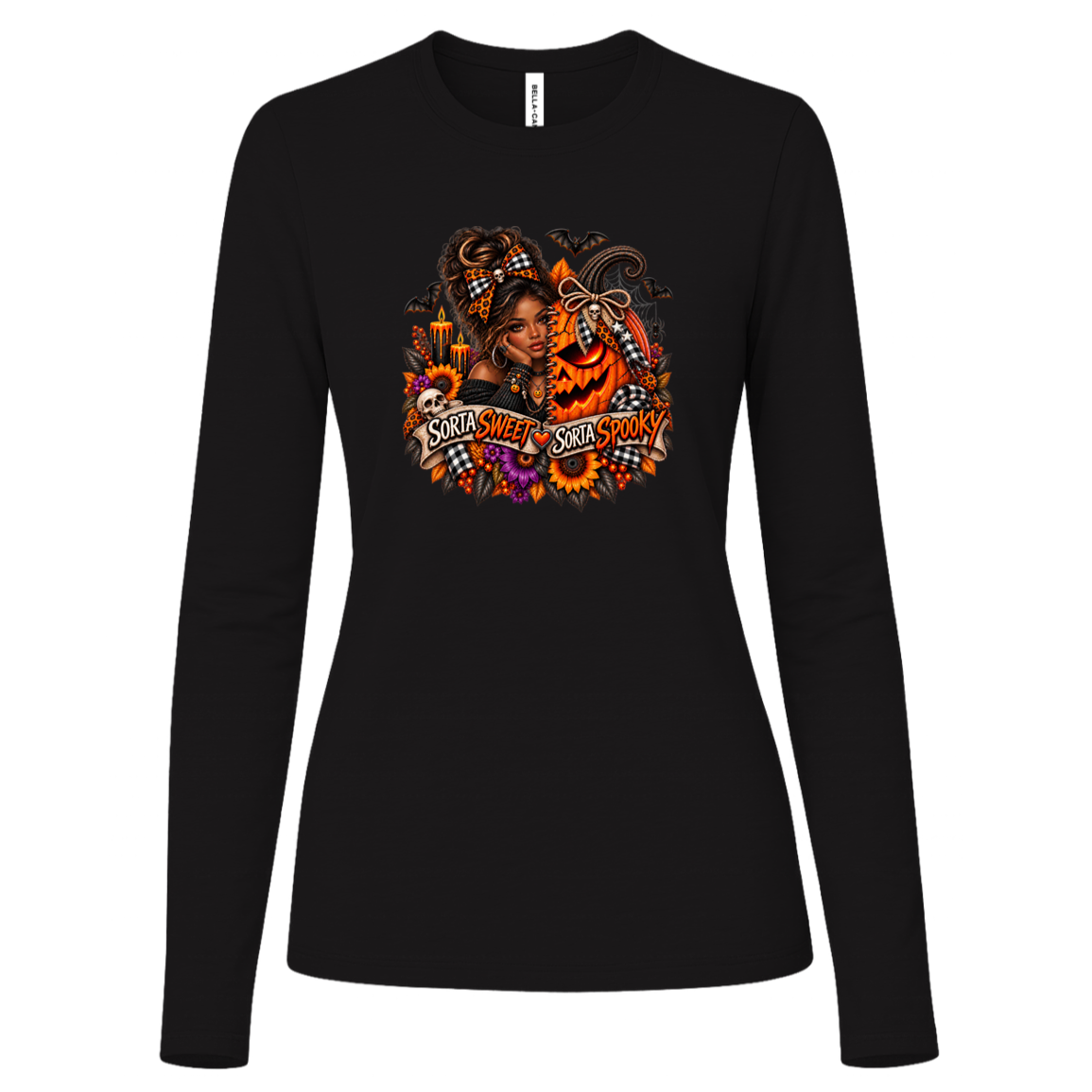 A Black Long Sleeve Shirt featuring an African American woman in a glamorous Halloween scene surrounded by a decorated jack-o'-lantern, sunflowers, autumn flowers, candles, bats, skulls, and spiderwebs, with a decorative banner reading “Sorta Sweet Sorta Spooky” on a transparent background