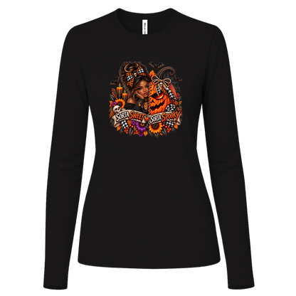 A Black Long Sleeve Shirt featuring an African American woman in a glamorous Halloween scene surrounded by a decorated jack-o'-lantern, sunflowers, autumn flowers, candles, bats, skulls, and spiderwebs, with a decorative banner reading “Sorta Sweet Sorta Spooky” on a transparent background