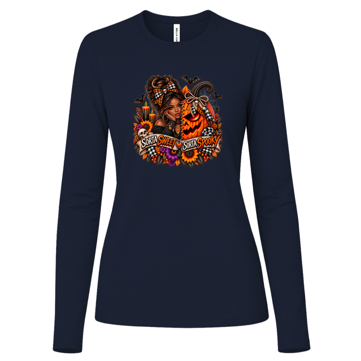 A Navy Long Sleeve Shirt featuring an African American woman in a glamorous Halloween scene surrounded by a decorated jack-o'-lantern, sunflowers, autumn flowers, candles, bats, skulls, and spiderwebs, with a decorative banner reading “Sorta Sweet Sorta Spooky” on a transparent background