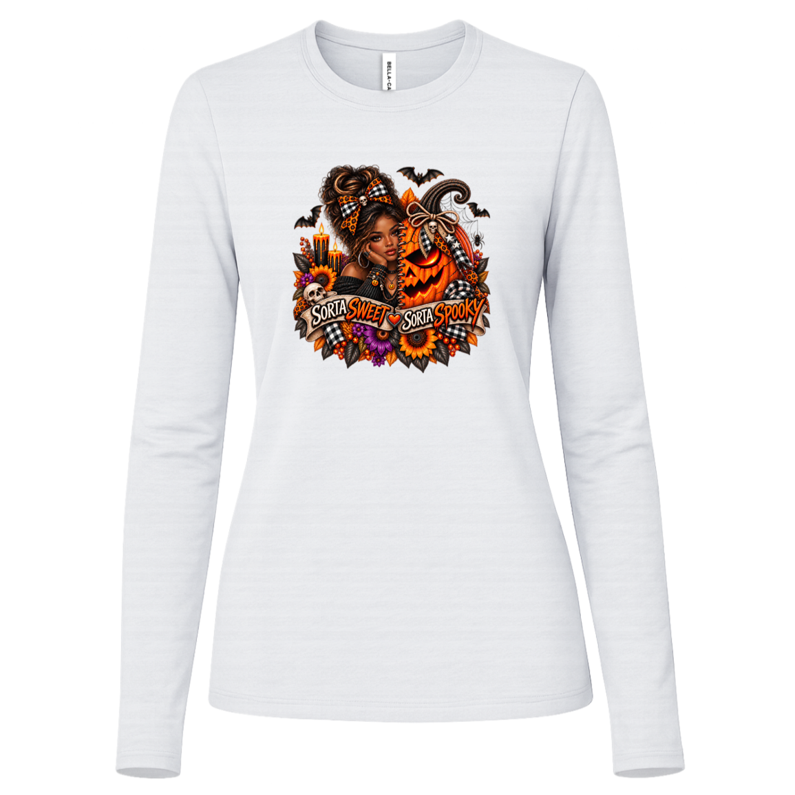 A White Long Sleeve Shirt featuring an African American woman in a glamorous Halloween scene surrounded by a decorated jack-o'-lantern, sunflowers, autumn flowers, candles, bats, skulls, and spiderwebs, with a decorative banner reading “Sorta Sweet Sorta Spooky” on a transparent background