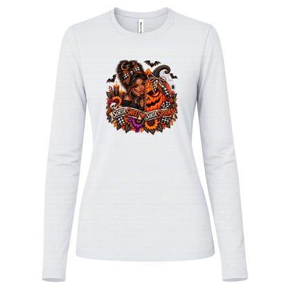 A White Long Sleeve Shirt featuring an African American woman in a glamorous Halloween scene surrounded by a decorated jack-o'-lantern, sunflowers, autumn flowers, candles, bats, skulls, and spiderwebs, with a decorative banner reading “Sorta Sweet Sorta Spooky” on a transparent background