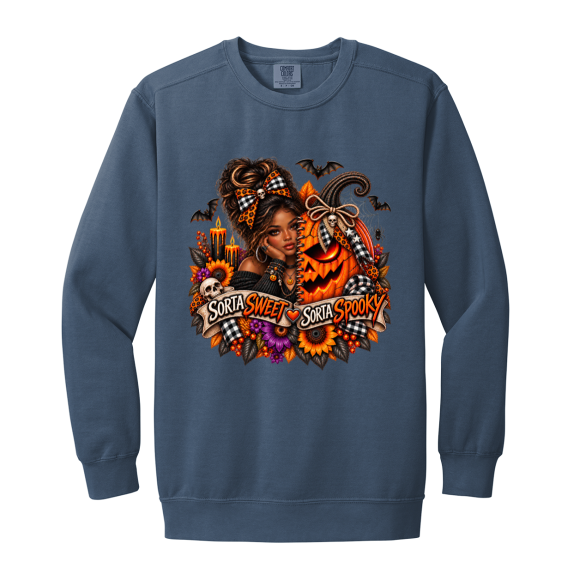 A Blue Jean Sweatshirt featuring an African American woman in a glamorous Halloween scene surrounded by a decorated jack-o'-lantern, sunflowers, autumn flowers, candles, bats, skulls, and spiderwebs, with a decorative banner reading “Sorta Sweet Sorta Spooky” on a transparent background