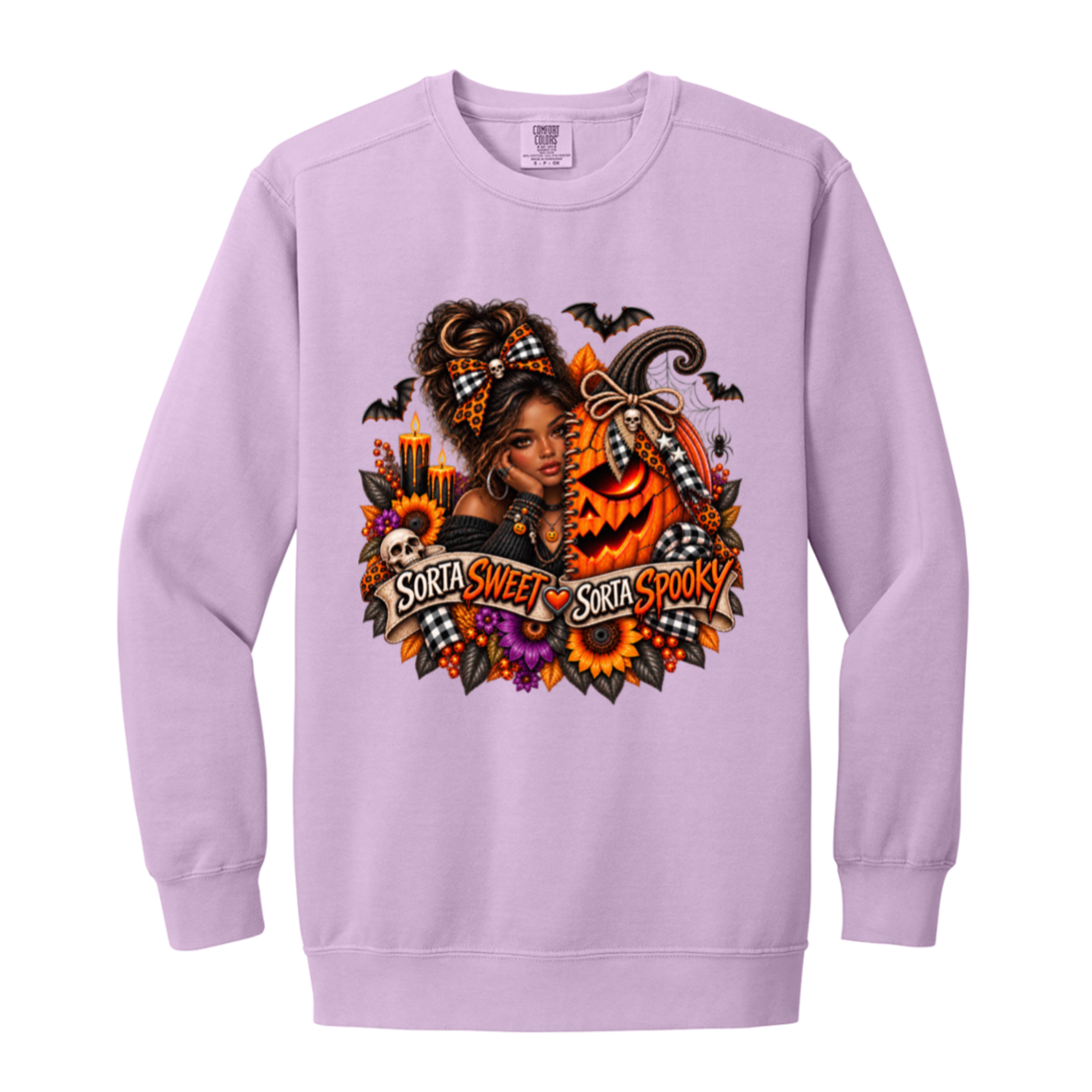 A Orchid Sweatshirt featuring an African American woman in a glamorous Halloween scene surrounded by a decorated jack-o'-lantern, sunflowers, autumn flowers, candles, bats, skulls, and spiderwebs, with a decorative banner reading “Sorta Sweet Sorta Spooky” on a transparent background