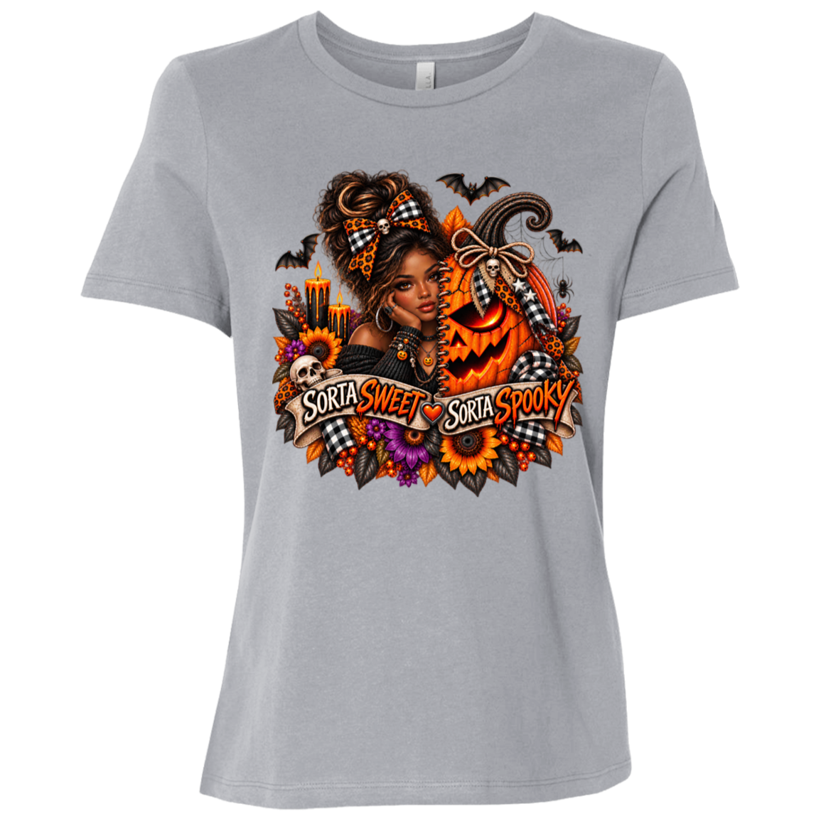 A Athletic Grey T-Shirt featuring an African American woman in a glamorous Halloween scene surrounded by a decorated jack-o'-lantern, sunflowers, autumn flowers, candles, bats, skulls, and spiderwebs, with a decorative banner reading “Sorta Sweet Sorta Spooky” on a transparent background