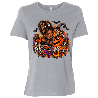 A Athletic Grey T-Shirt featuring an African American woman in a glamorous Halloween scene surrounded by a decorated jack-o'-lantern, sunflowers, autumn flowers, candles, bats, skulls, and spiderwebs, with a decorative banner reading “Sorta Sweet Sorta Spooky” on a transparent background
