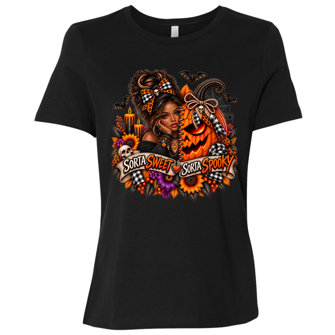 A Black T-Shirt featuring an African American woman in a glamorous Halloween scene surrounded by a decorated jack-o'-lantern, sunflowers, autumn flowers, candles, bats, skulls, and spiderwebs, with a decorative banner reading “Sorta Sweet Sorta Spooky” on a transparent background