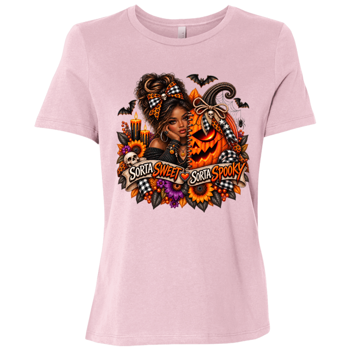 A Pink T-Shirt featuring an African American woman in a glamorous Halloween scene surrounded by a decorated jack-o'-lantern, sunflowers, autumn flowers, candles, bats, skulls, and spiderwebs, with a decorative banner reading “Sorta Sweet Sorta Spooky” on a transparent background