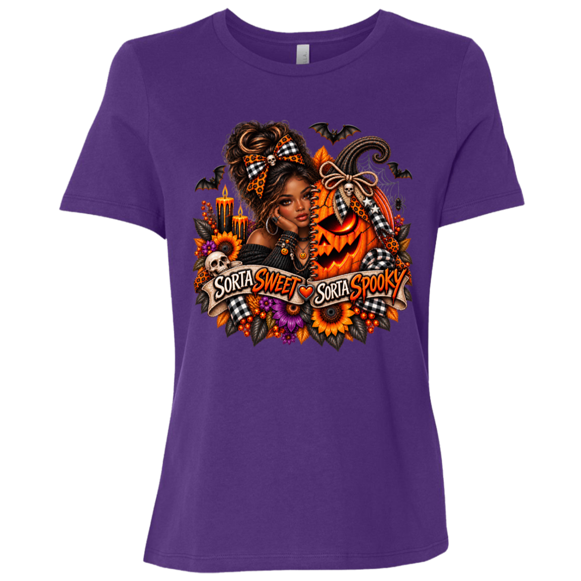 A Purple T-Shirt featuring an African American woman in a glamorous Halloween scene surrounded by a decorated jack-o'-lantern, sunflowers, autumn flowers, candles, bats, skulls, and spiderwebs, with a decorative banner reading “Sorta Sweet Sorta Spooky” on a transparent background