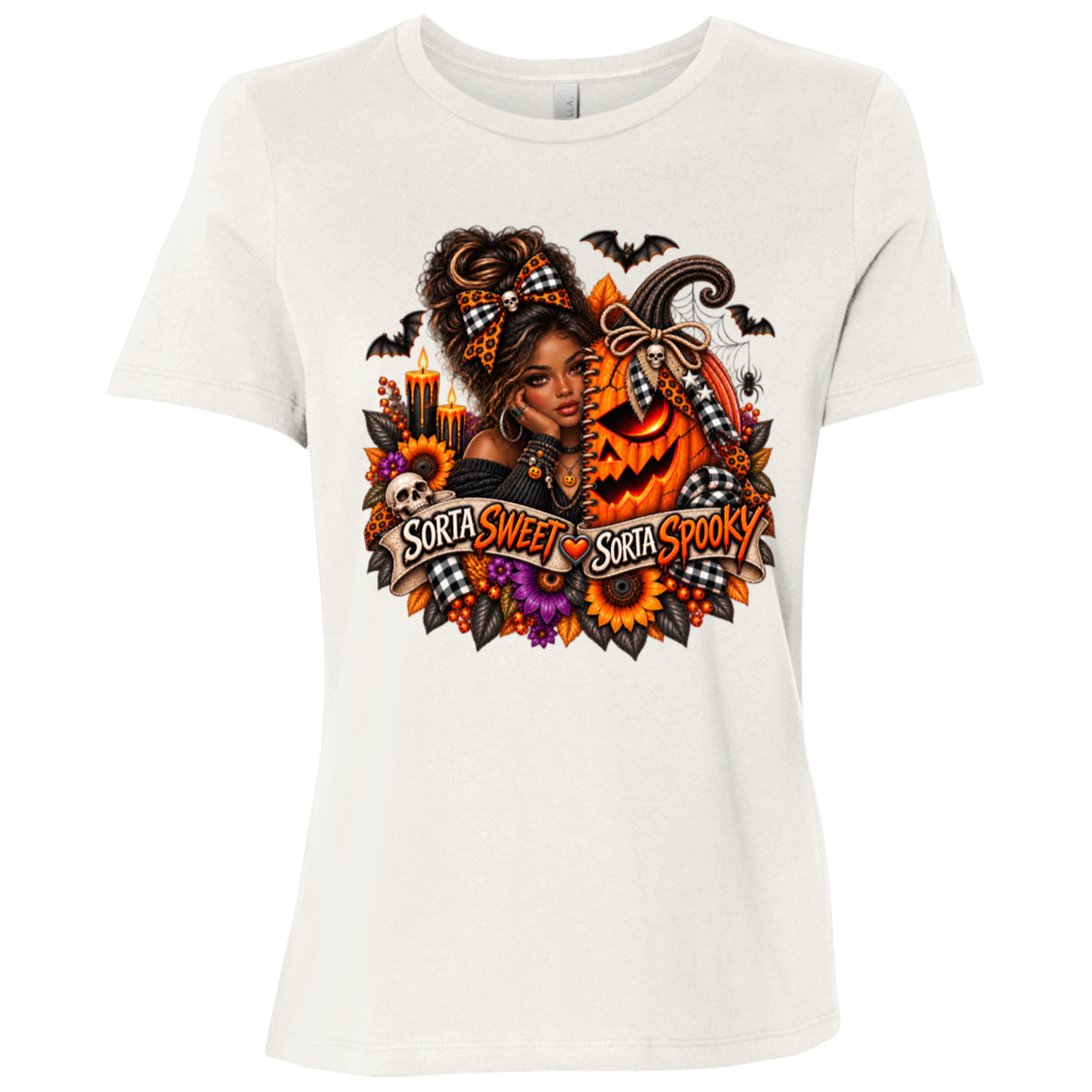 A Vintage White T-Shirt featuring an African American woman in a glamorous Halloween scene surrounded by a decorated jack-o'-lantern, sunflowers, autumn flowers, candles, bats, skulls, and spiderwebs, with a decorative banner reading “Sorta Sweet Sorta Spooky” on a transparent background