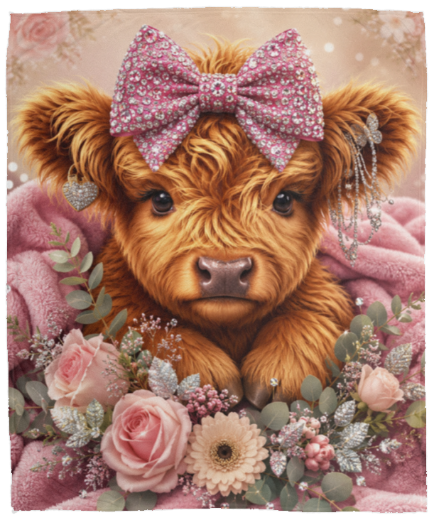 50x60 fleece blanket featuring a detailed graphic print of a fluffy brown Scottish highland cow with a pink bow, surrounded by pink roses and green foliage set on a transparent background