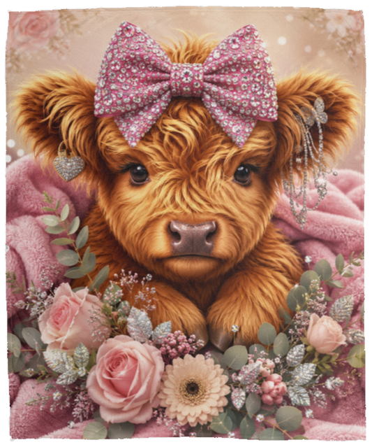 50x60 fleece blanket featuring a detailed graphic print of a fluffy brown Scottish highland cow with a pink bow, surrounded by pink roses and green foliage set on a transparent background