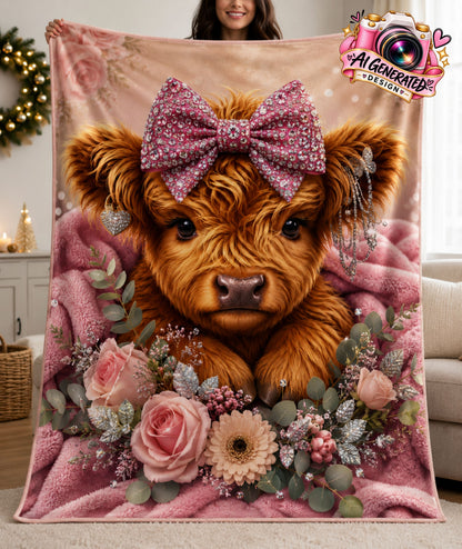 A person holds up a 50x60 fleece blanket featuring a detailed graphic print of a fluffy brown Scottish highland cow with a pink bow, surrounded by pink roses and green foliage, set against a cozy living room background.
