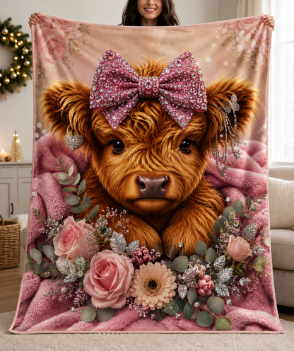 A person holds up a 50x60 fleece blanket featuring a detailed graphic print of a fluffy brown Scottish highland cow with a pink bow, surrounded by pink roses and green foliage, set against a cozy living room background.