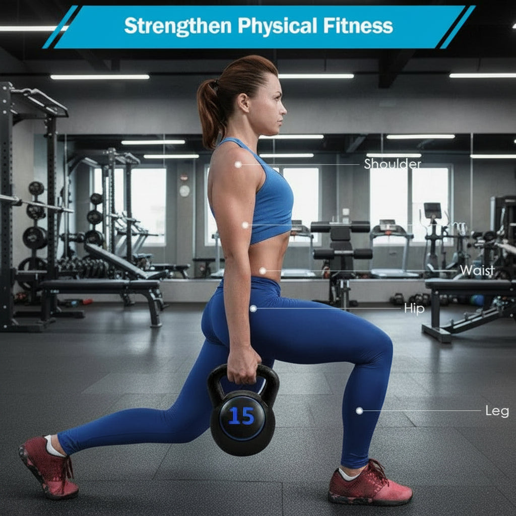 AI generated image of a women using a 15 lb kettlebell for strengthening physical fitness and pointing out core parts of fitness