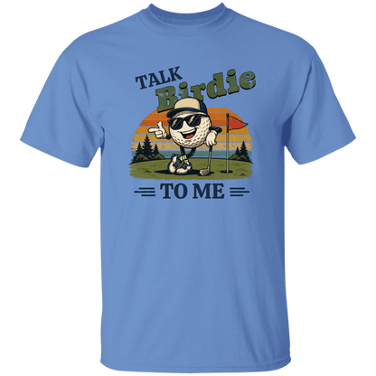 Carolina Blue "Talk Birdie To Me" t-shirt on a transparent background featuring a cool cartoon golf ball rocking sunglasses on the green  leaning on a golf club and next to a putting hole with a flag inside of the hole with  a retro sunset background