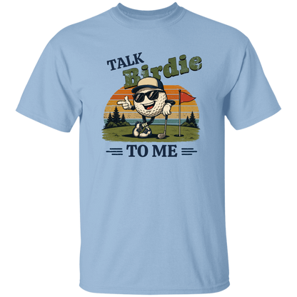 Light Blue "Talk Birdie To Me" t-shirt on a transparent background featuring a cool cartoon golf ball rocking sunglasses on the green  leaning on a golf club and next to a putting hole with a flag inside of the hole with  a retro sunset background