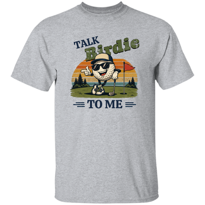 Sport Grey "Talk Birdie To Me" t-shirt on a transparent background featuring a cool cartoon golf ball rocking sunglasses on the green  leaning on a golf club and next to a putting hole with a flag inside of the hole with  a retro sunset background
