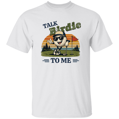 White "Talk Birdie To Me" t-shirt on a transparent background featuring a cool cartoon golf ball rocking sunglasses on the green  leaning on a golf club and next to a putting hole with a flag inside of the hole with  a retro sunset background