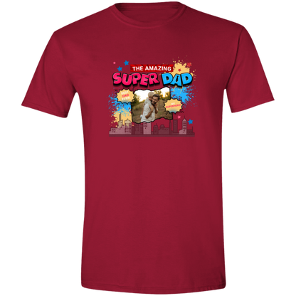 Cardinal Red t-shirt with 'The Amazing Super Dad' graphic and featuring eye-catching pop art elements, city skyline graphics, comic-style bursts, and a personalized photo placement of a man and child on a plain background